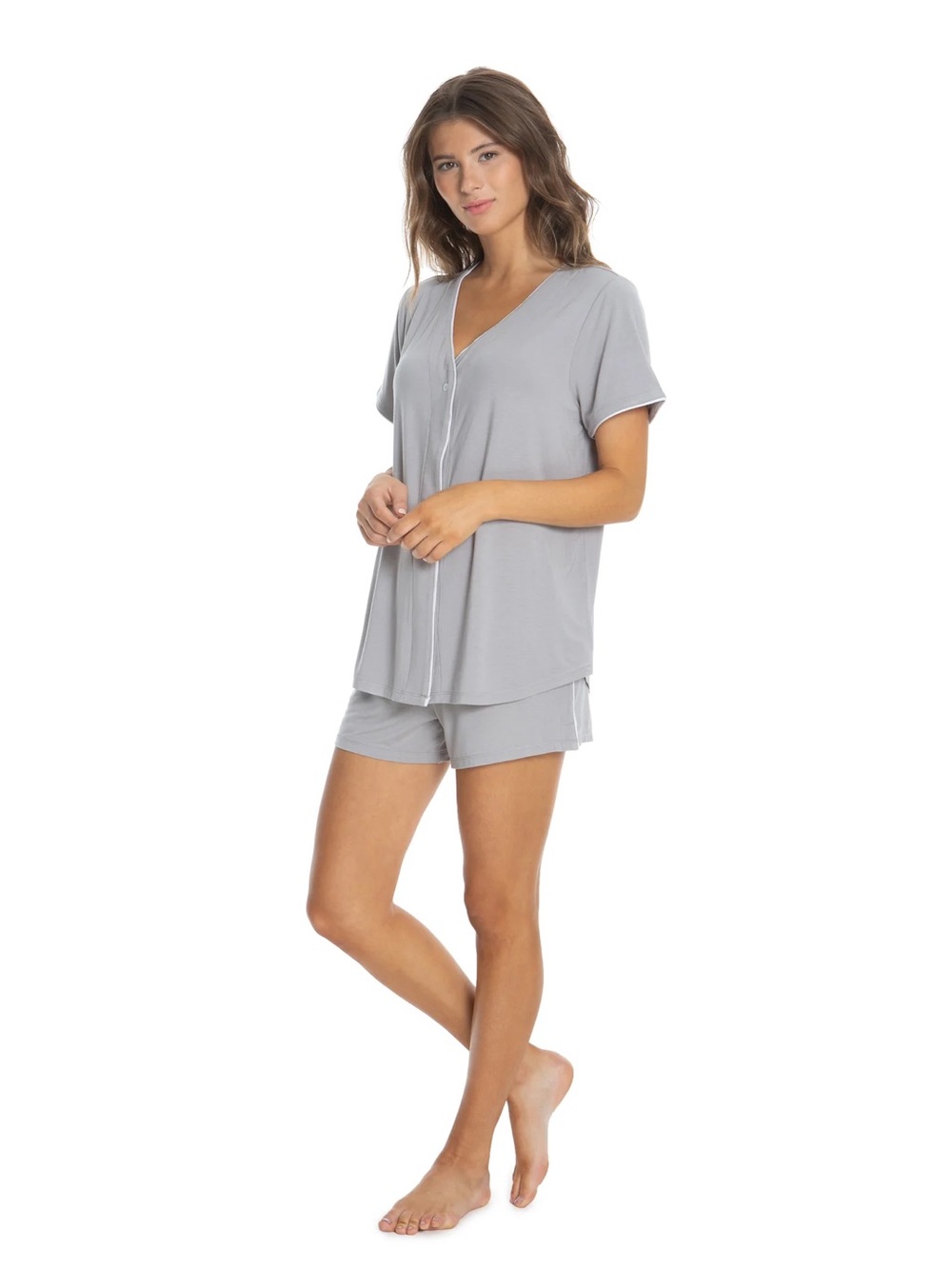 Barefoot Dreams Luxe Milk Jersey Piped PJ Top in Pewter Size L
